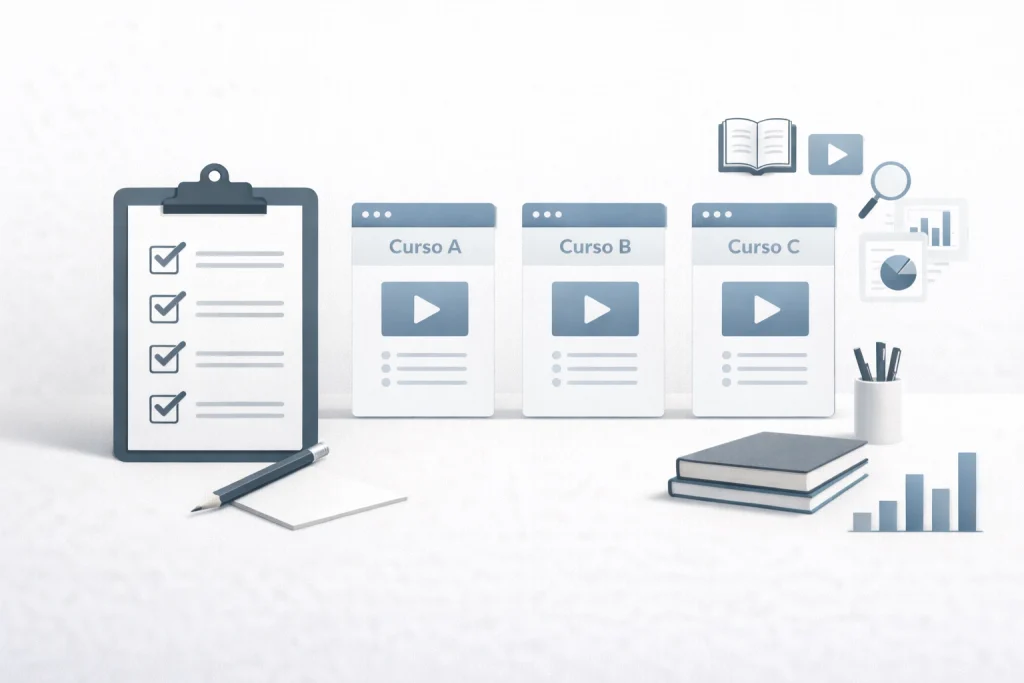 Comparativa visual de cursos online mostrando checklist y elementos de análisis para elegir formación digital