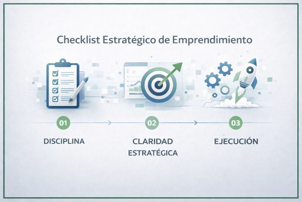 Checklist estratégico sobre emprendimiento y mentalidad con pasos de disciplina, claridad y ejecución.