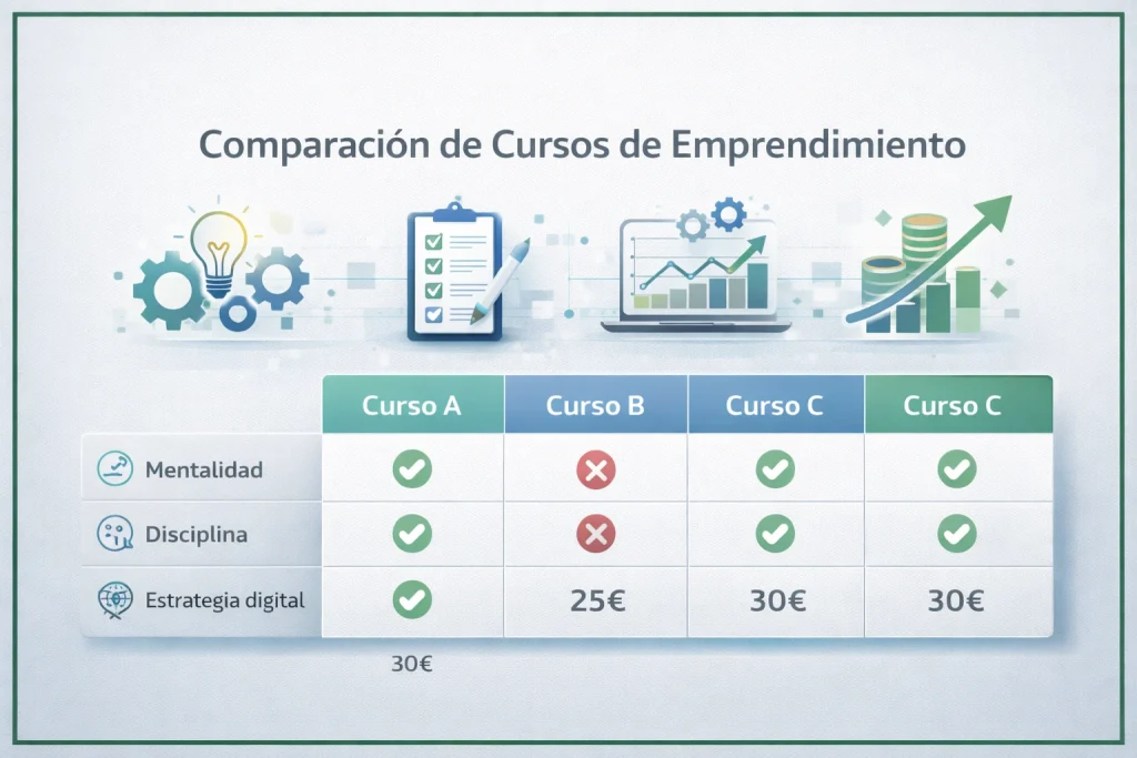 Ilustración comparativa de cursos de emprendimiento y mentalidad con enfoque analítico y estratégico.