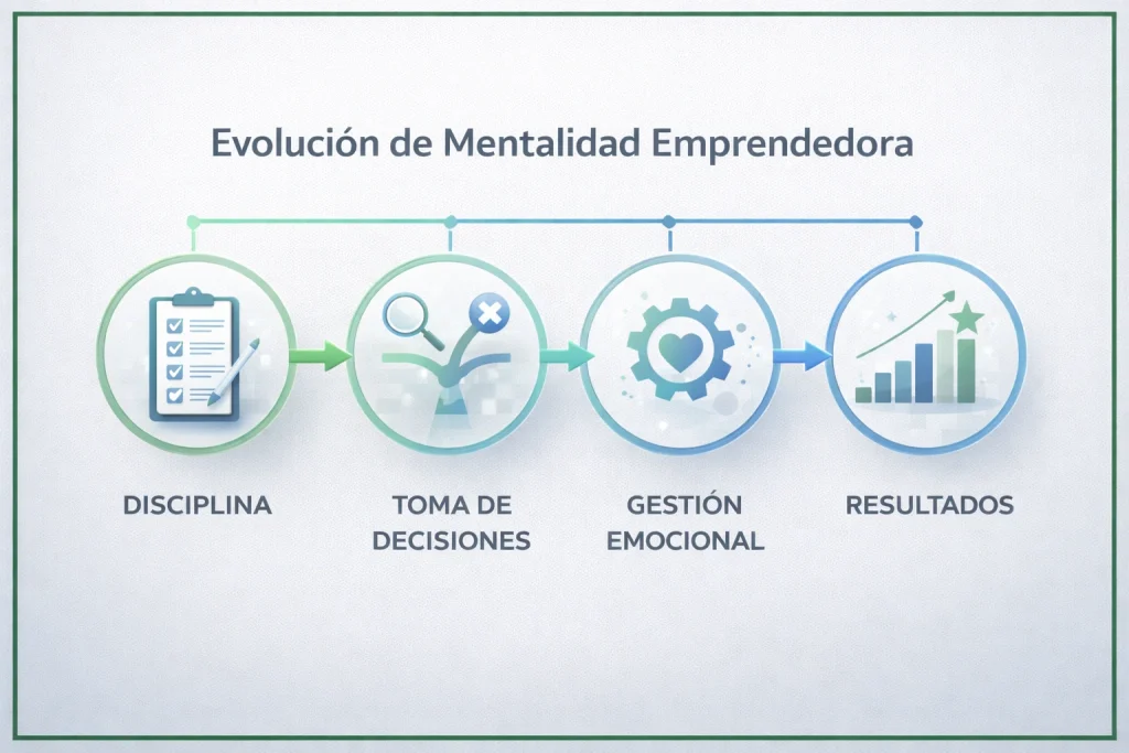 Diagrama visual sobre evolución de la mentalidad emprendedora en 2026 mostrando disciplina y toma de decisiones estratégicas
