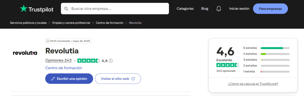 Opiniones de Revolutia en Trustpilot con valoración de 4,6 sobre 5