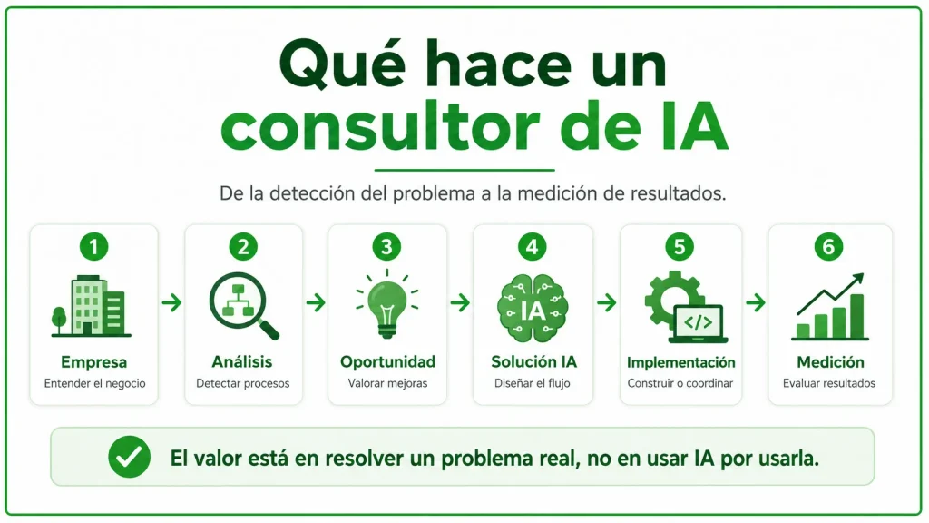 Proceso de trabajo de un consultor de inteligencia artificial desde el análisis hasta la medición de resultados
