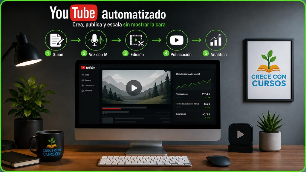Proceso de YouTube automatizado con las fases de guion, voz con IA, edición, publicación y analítica