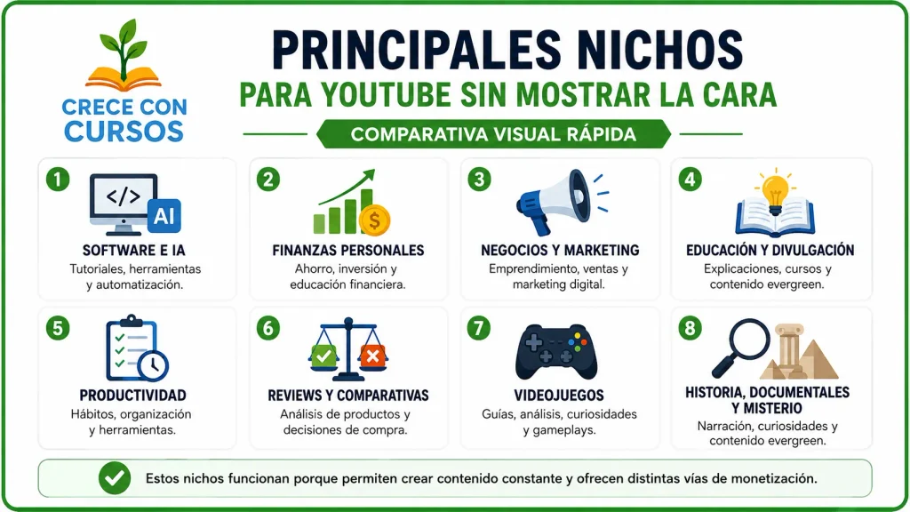Comparativa visual de los principales nichos para YouTube sin mostrar la cara