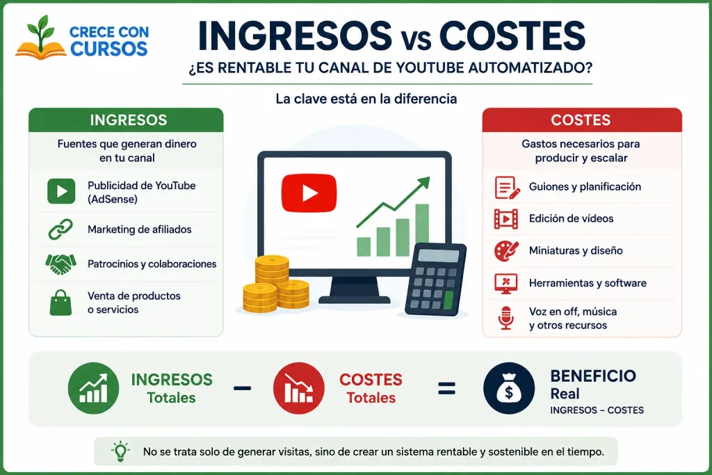 Ingresos y costes para calcular la rentabilidad de un canal de YouTube automatizado