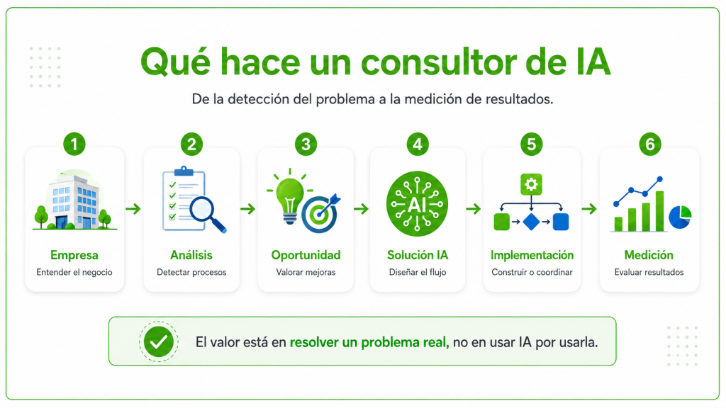 Proceso de trabajo de un consultor de inteligencia artificial desde el análisis hasta la medición de resultados