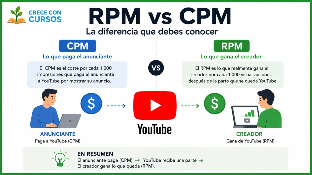 Diferencia entre RPM y CPM en YouTube para creadores y anunciantes