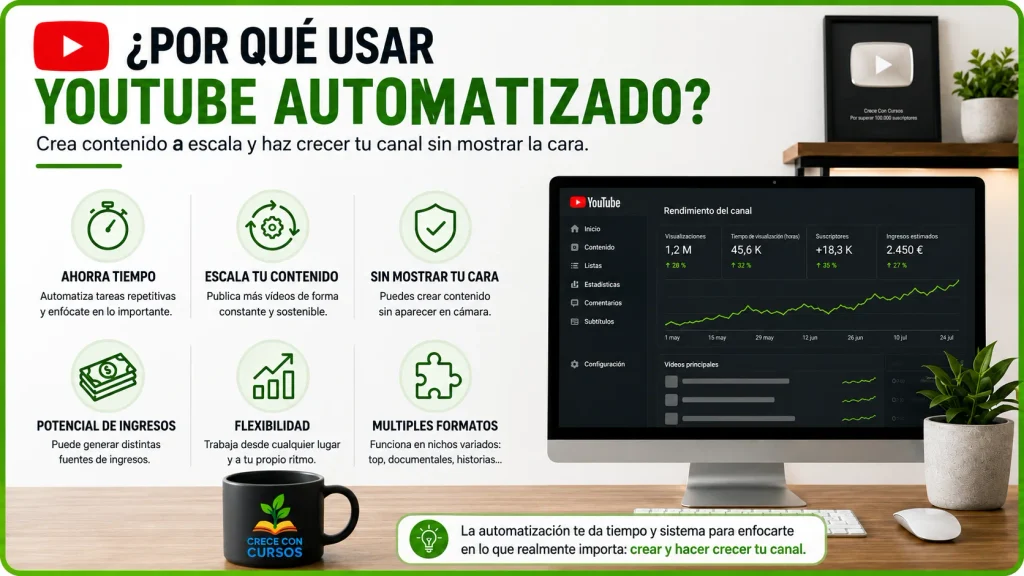 Ventajas de YouTube automatizado para crear contenido, escalar un canal y trabajar sin mostrar la cara